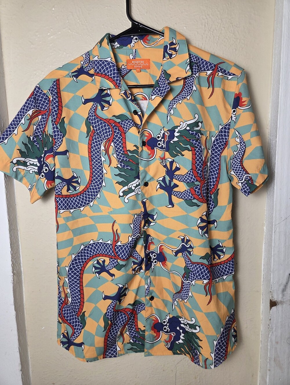 Negative Space Dragon Shirt Yellow Button Down Casual Mens Small Chinese